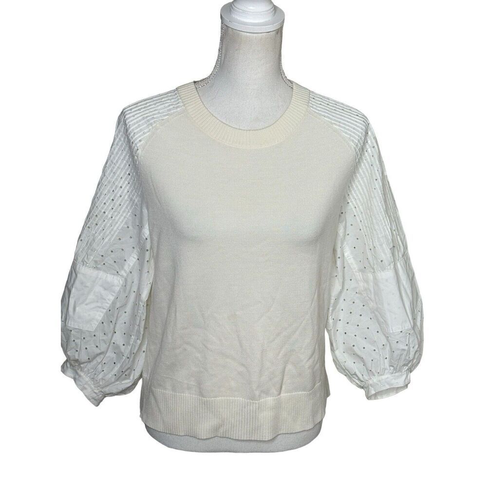 Akris Punto White Eyelet Puff Sleeves Virgin Wool Sweater Sz 2